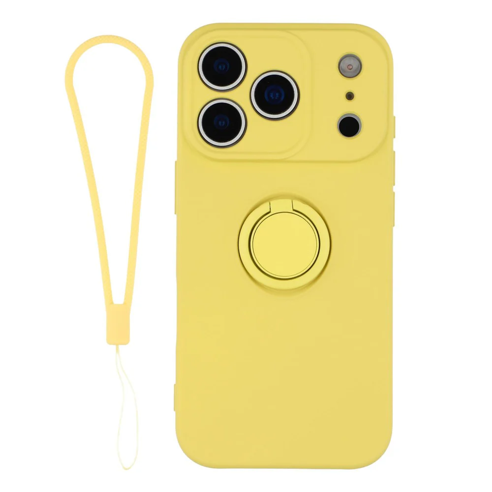 For iPhone 17 Pro Max Silicone Case with Strap Ring Kickstand Phone Cover - Yellow