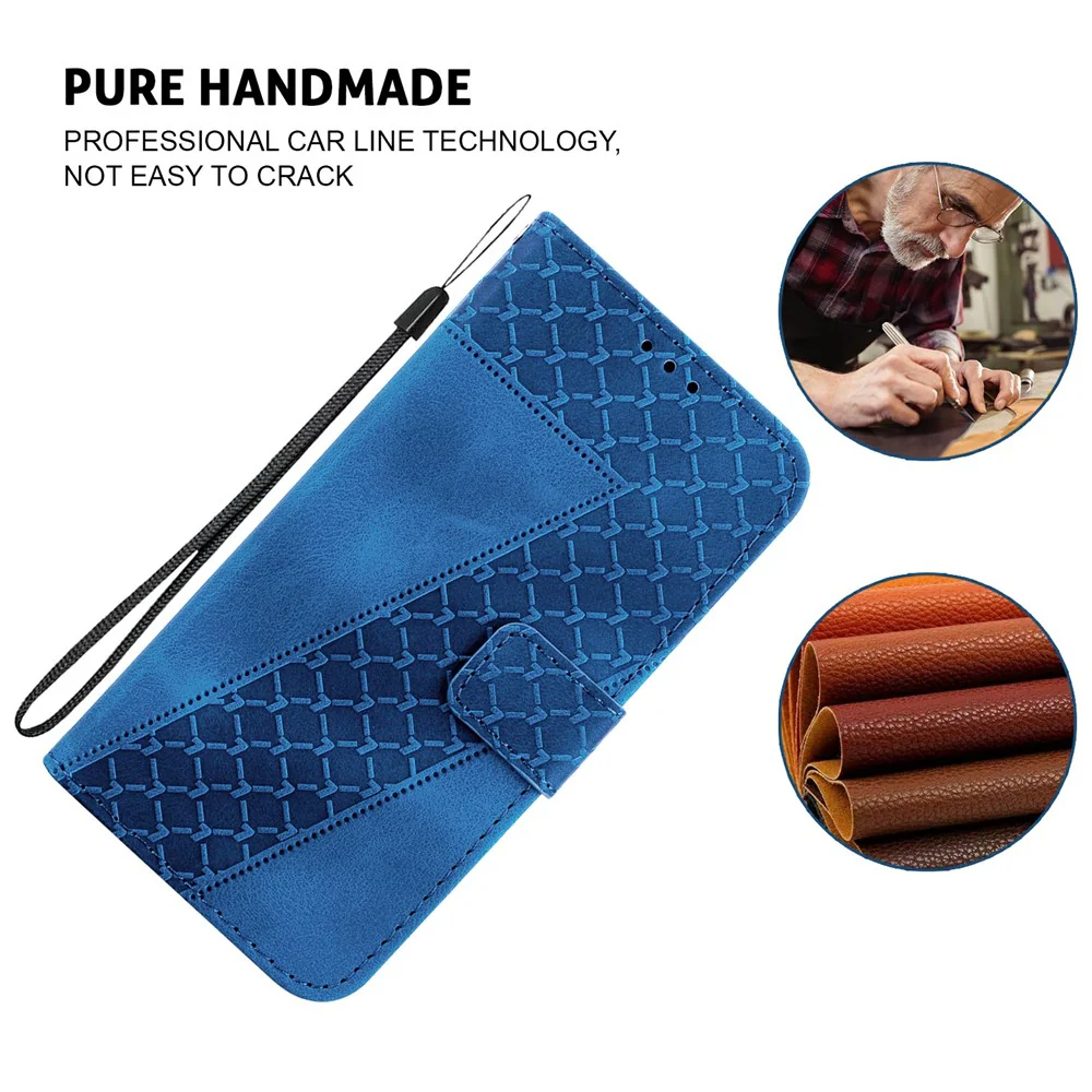 For iPhone 17 Pro Max Stand Case 7-Shaped Pattern Imprint Leather Phone Cover with Strap - Dark Blue - Image 4