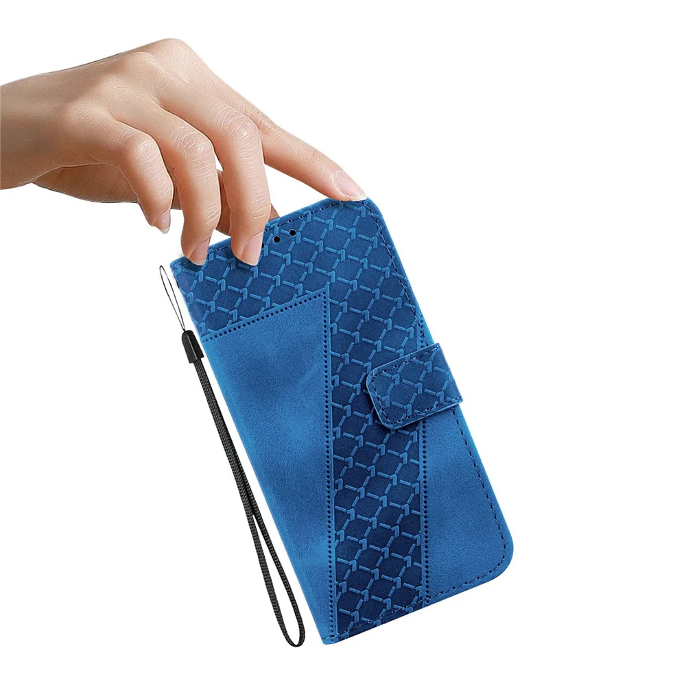For iPhone 17 Pro Max Stand Case 7-Shaped Pattern Imprint Leather Phone Cover with Strap - Dark Blue - Image 5
