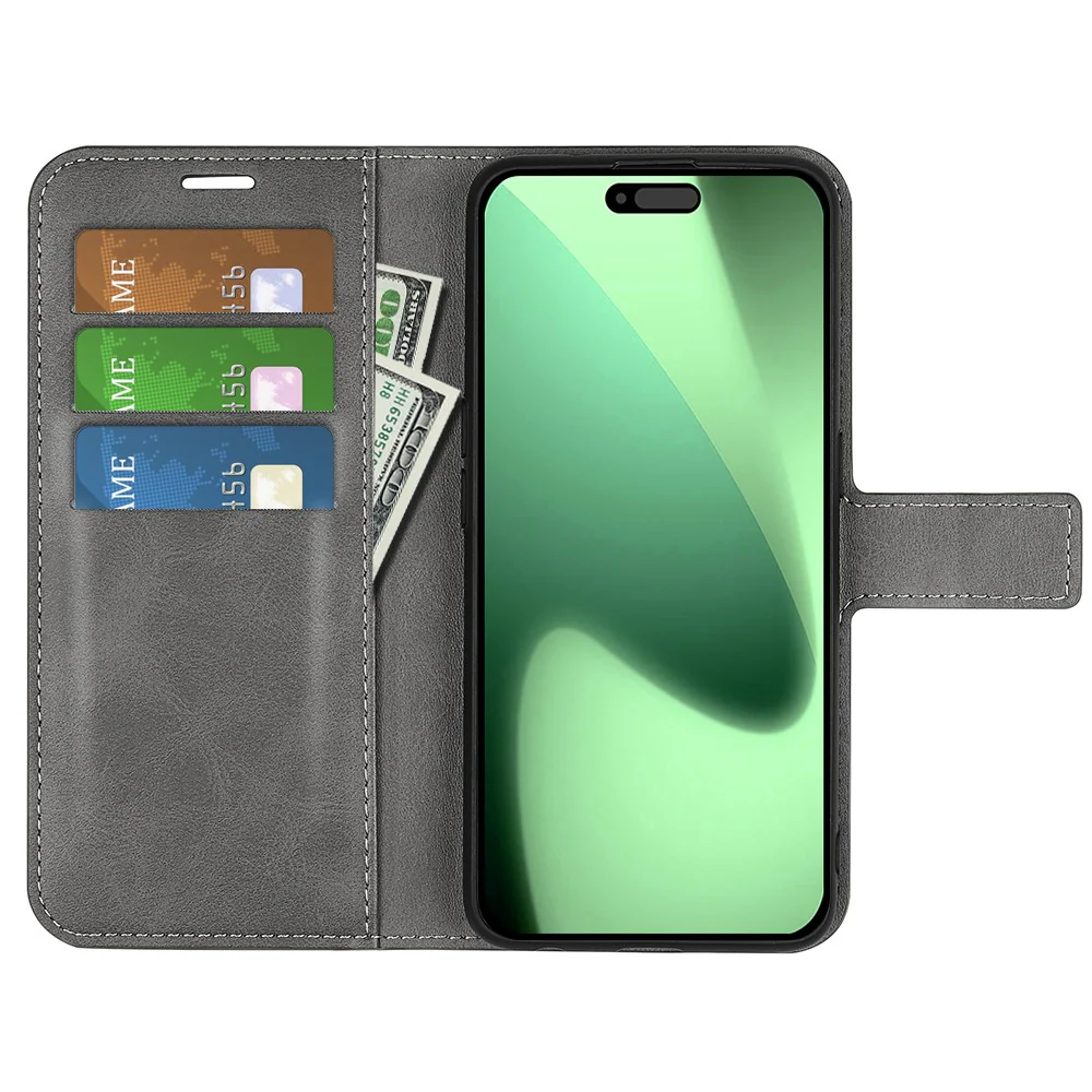 For iPhone 17 Pro Max Stand Case Anti-Scratch Calf Texture Leather Phone Cover - Grey - Image 2