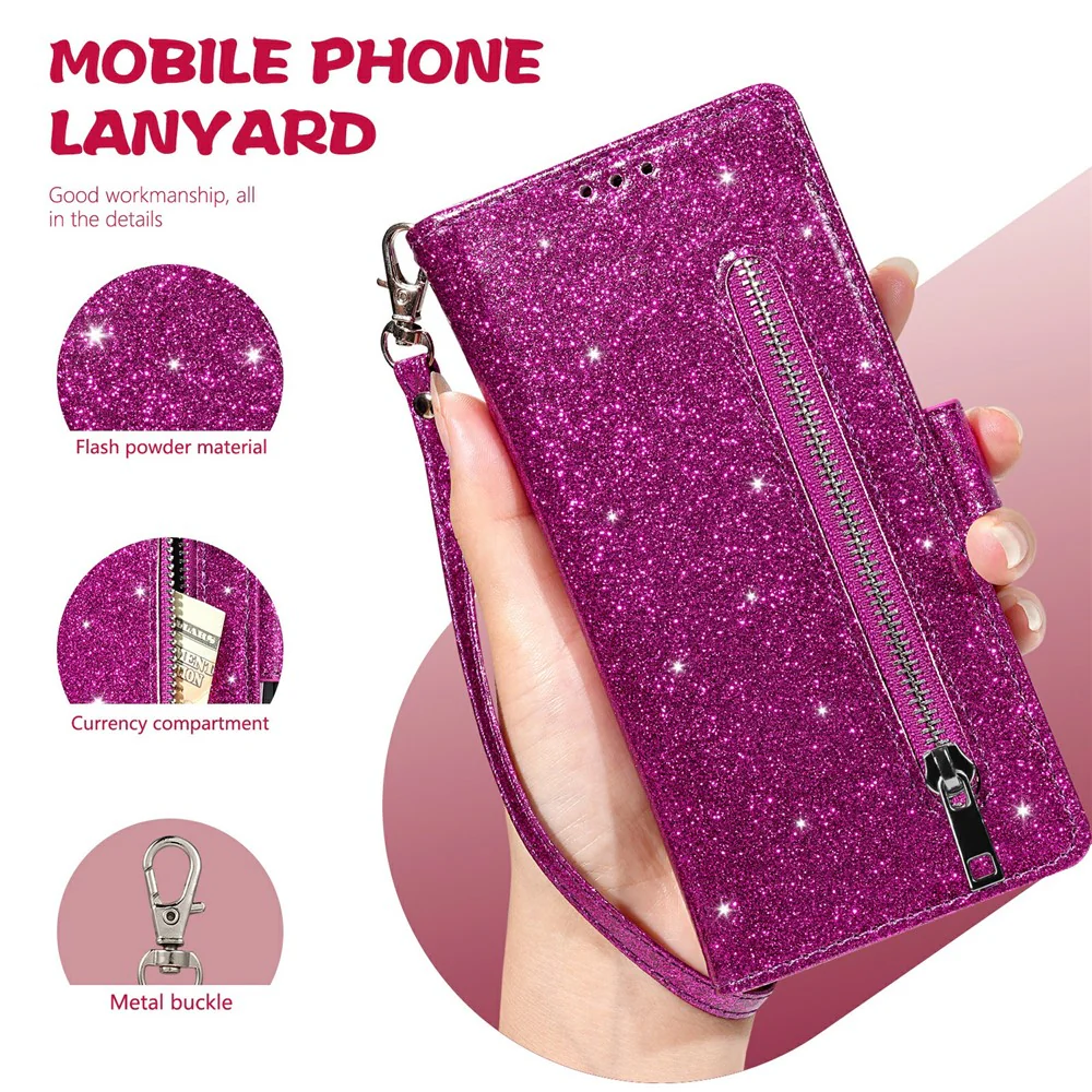 For iPhone 17 Pro Max Stand Case Glitter Phone Leather Cover Zipper Pocket - Purple - Image 5