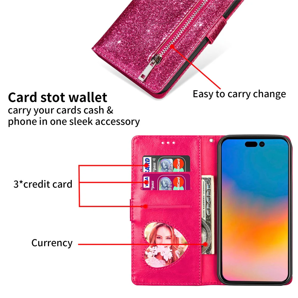 For iPhone 17 Pro Max Stand Case Glitter Phone Leather Cover Zipper Pocket - Rose - Image 4