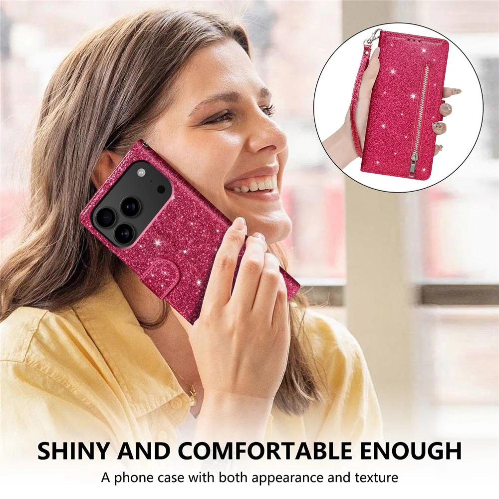 For iPhone 17 Pro Max Stand Case Glitter Phone Leather Cover Zipper Pocket - Rose - Image 7