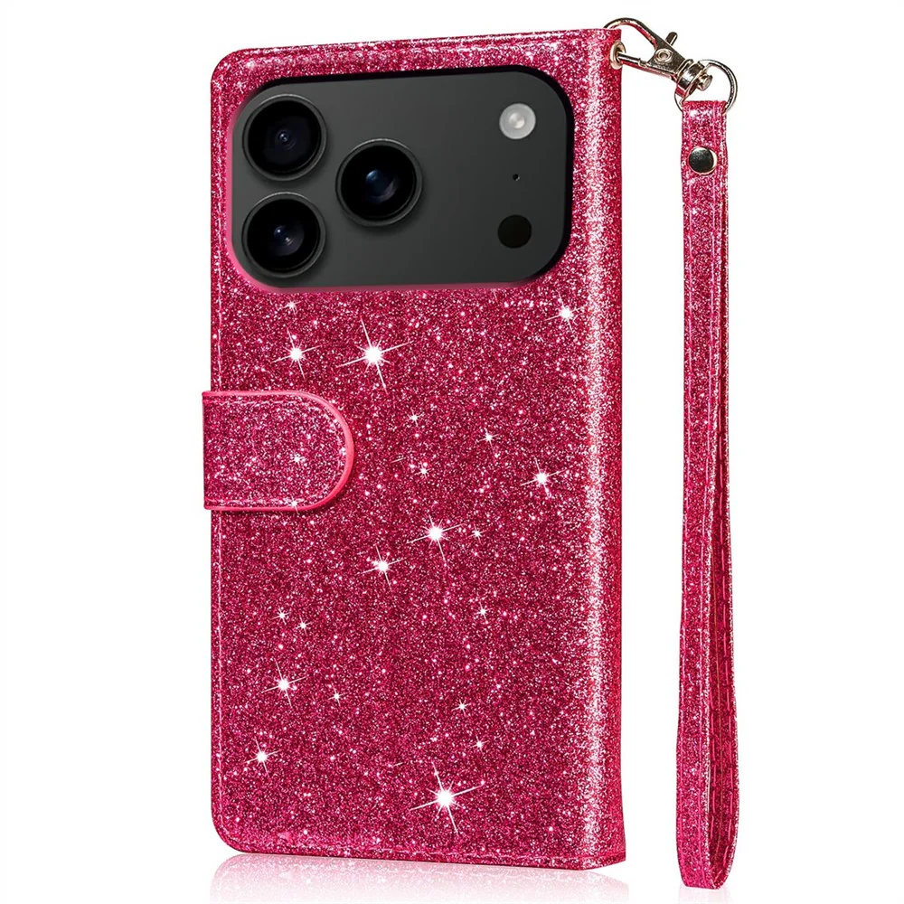 For iPhone 17 Pro Max Stand Case Glitter Phone Leather Cover Zipper Pocket - Rose - Image 8