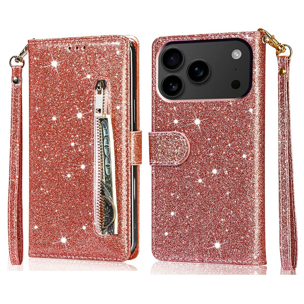 For iPhone 17 Pro Max Stand Case Glitter Phone Leather Cover Zipper Pocket - Rose Gold