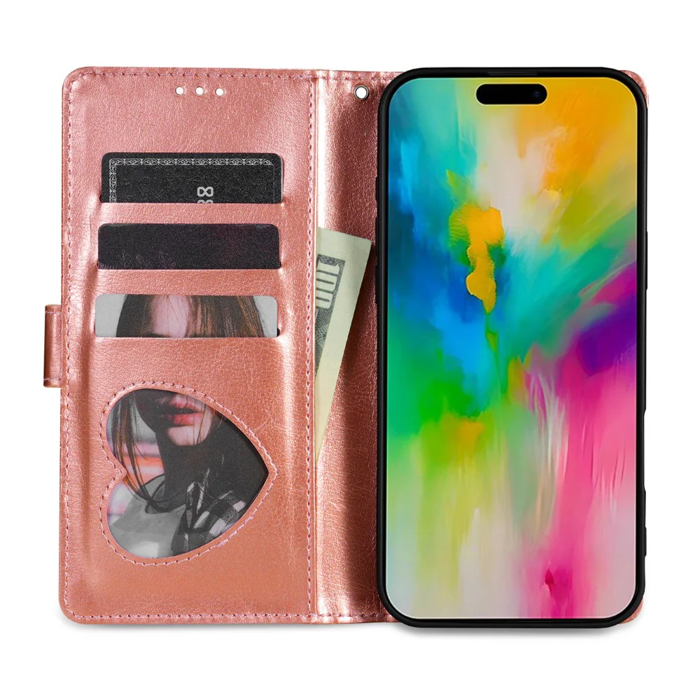For iPhone 17 Pro Max Stand Case Glitter Phone Leather Cover Zipper Pocket - Rose Gold - Image 2