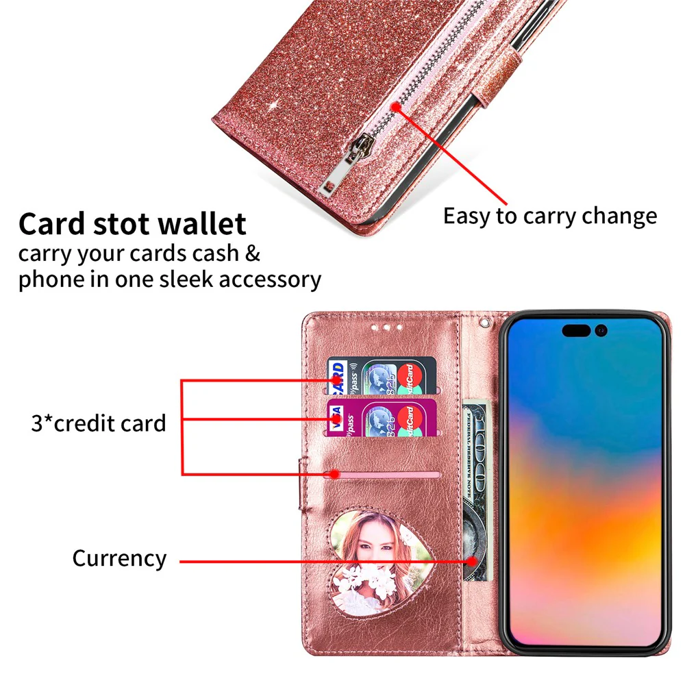 For iPhone 17 Pro Max Stand Case Glitter Phone Leather Cover Zipper Pocket - Rose Gold - Image 4