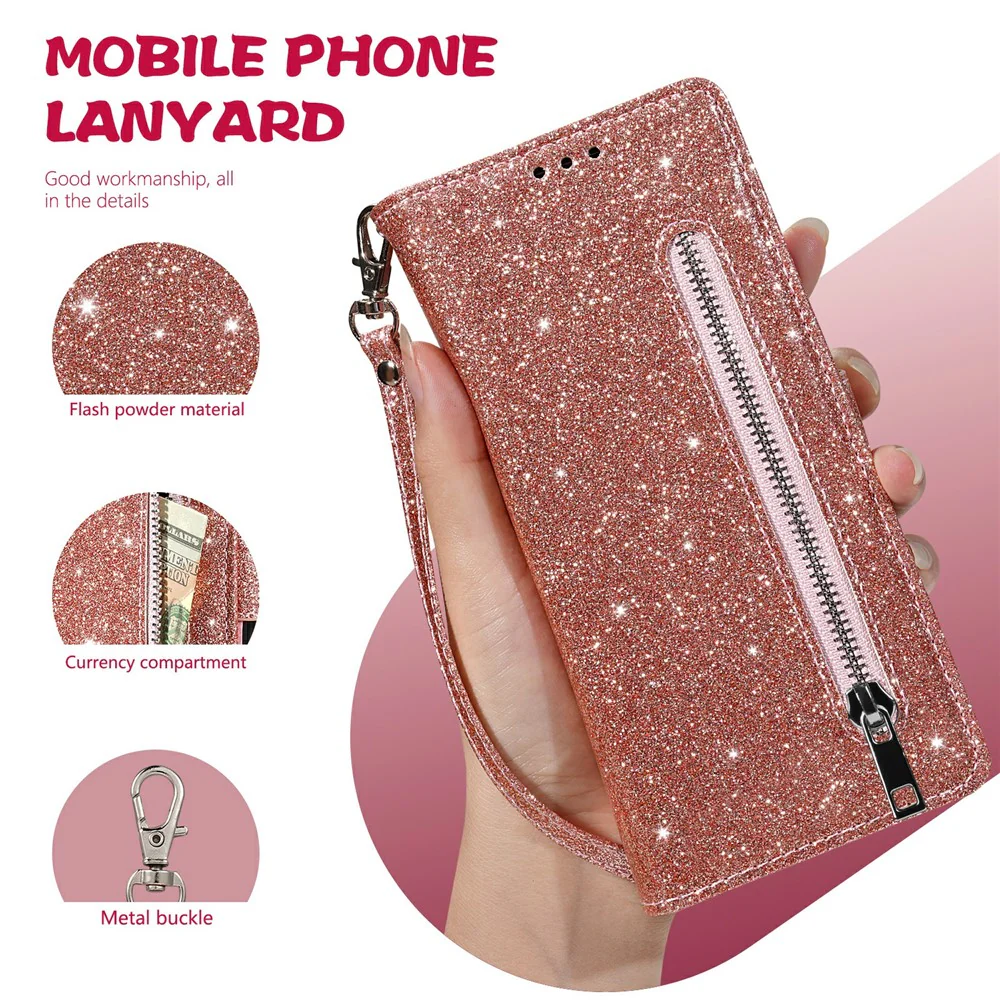 For iPhone 17 Pro Max Stand Case Glitter Phone Leather Cover Zipper Pocket - Rose Gold - Image 5