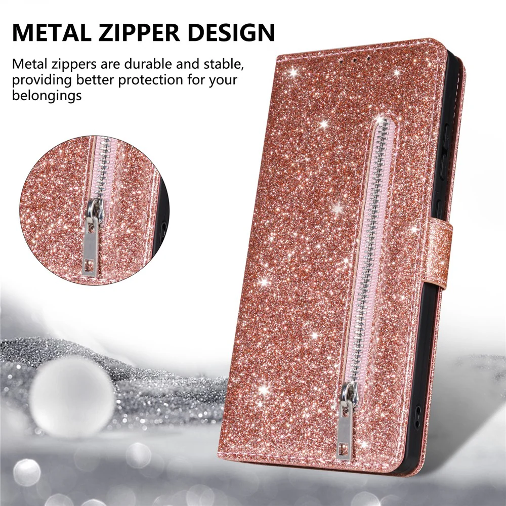For iPhone 17 Pro Max Stand Case Glitter Phone Leather Cover Zipper Pocket - Rose Gold - Image 6