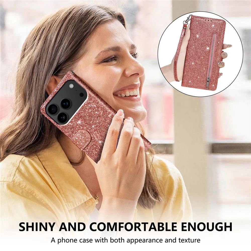 For iPhone 17 Pro Max Stand Case Glitter Phone Leather Cover Zipper Pocket - Rose Gold - Image 7