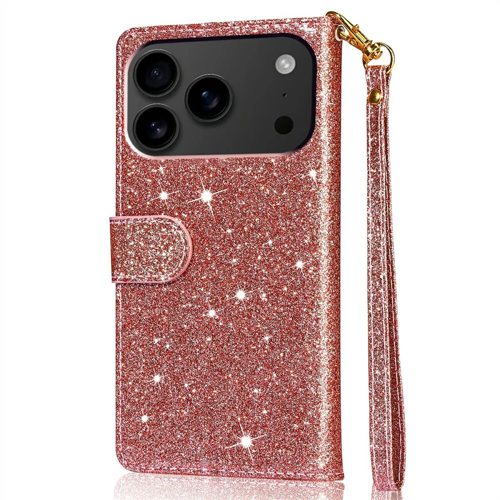 For iPhone 17 Pro Max Stand Case Glitter Phone Leather Cover Zipper Pocket - Rose Gold - Image 8