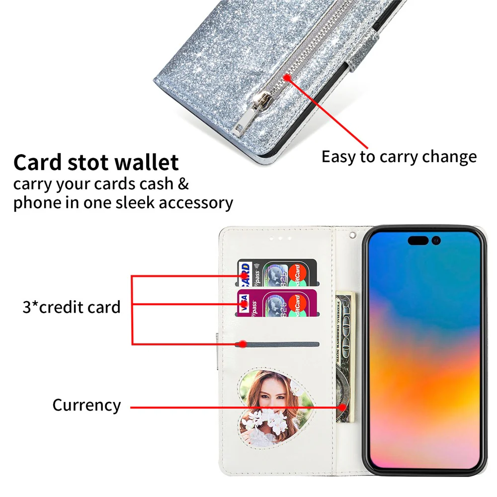 For iPhone 17 Pro Max Stand Case Glitter Phone Leather Cover Zipper Pocket - Silver - Image 4
