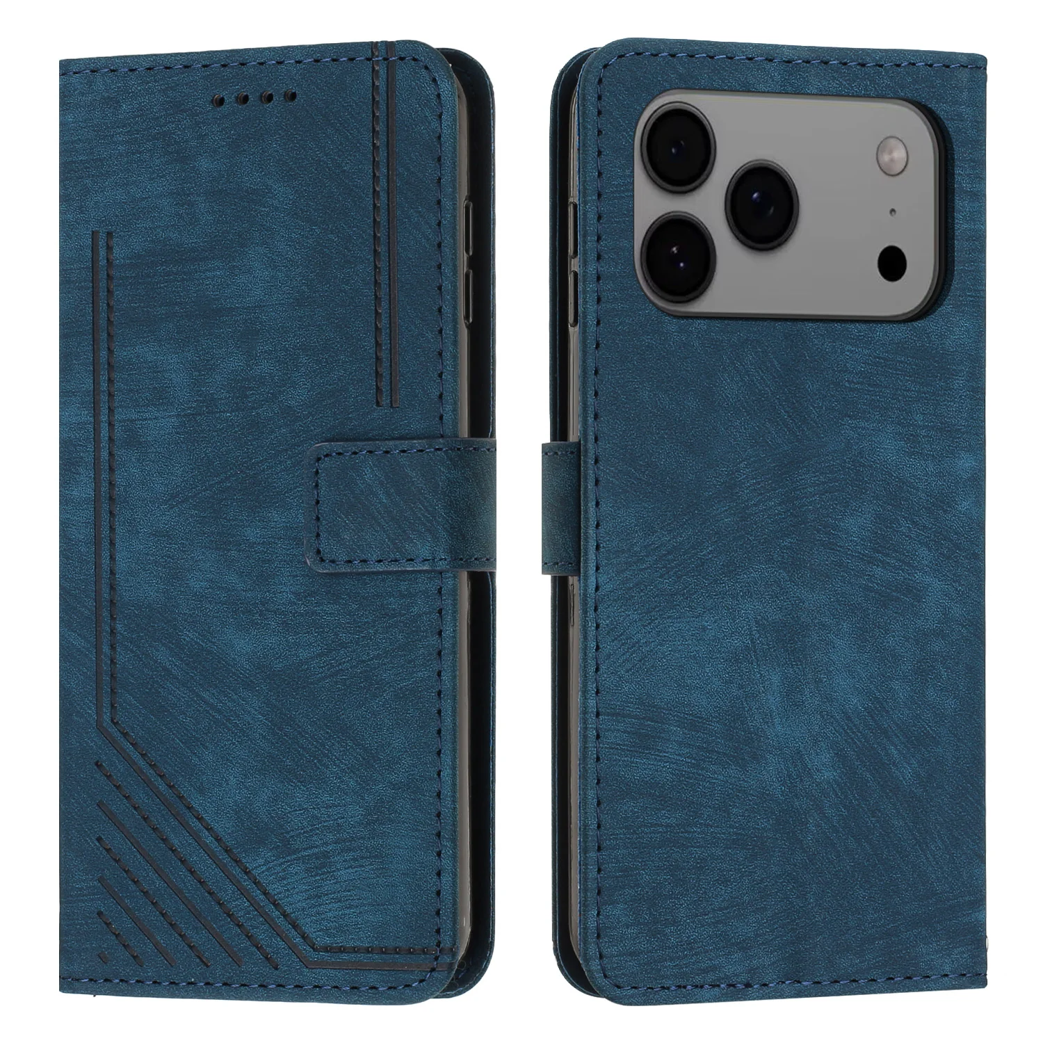 For iPhone 17 Pro Max Stand Case Imprinted Lines Leather Phone Cover - Sapphire