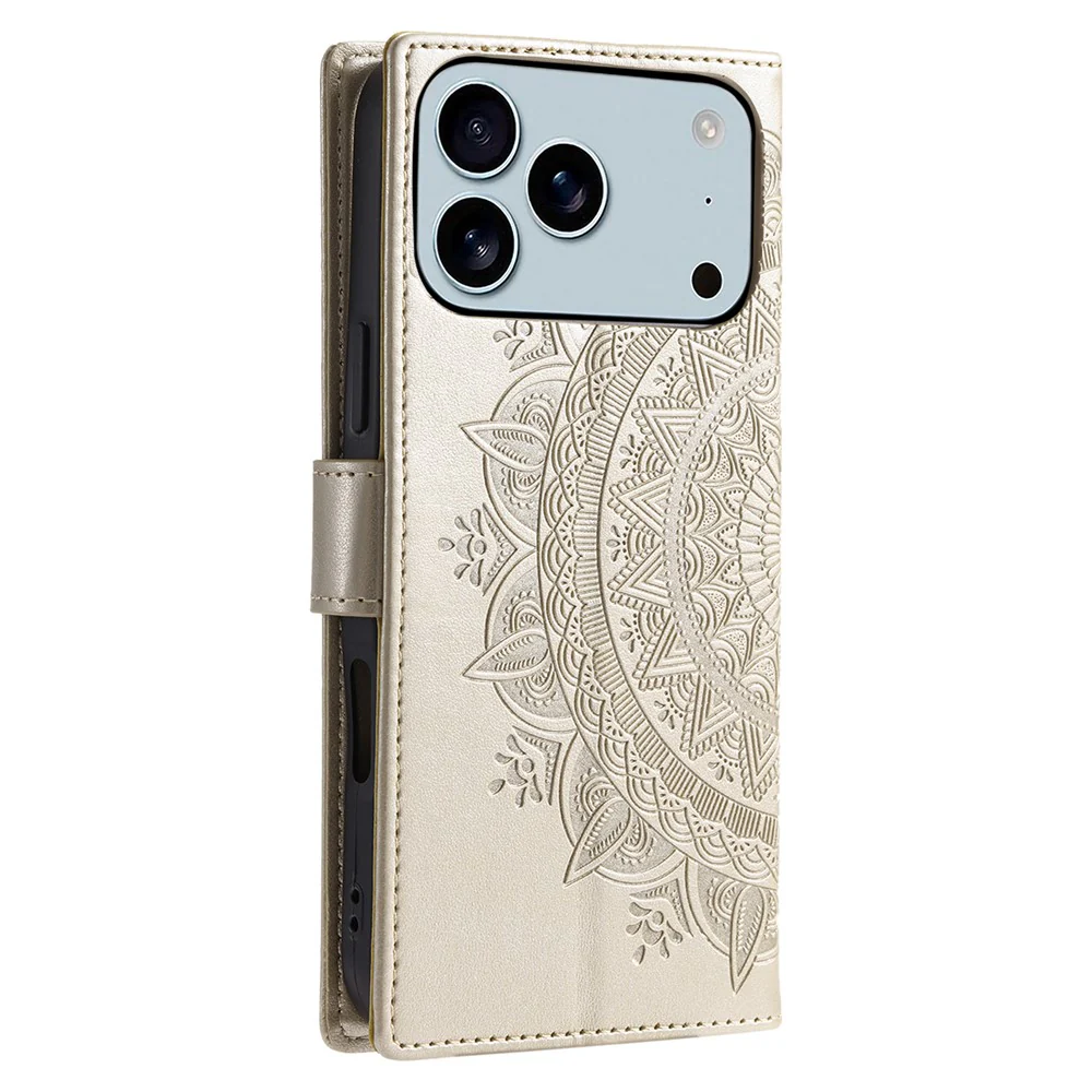 For iPhone 17 Pro Max Stand Case Imprinted Totem PU Leather Wallet Phone Cover with Wrist Strap - Gold - Image 6