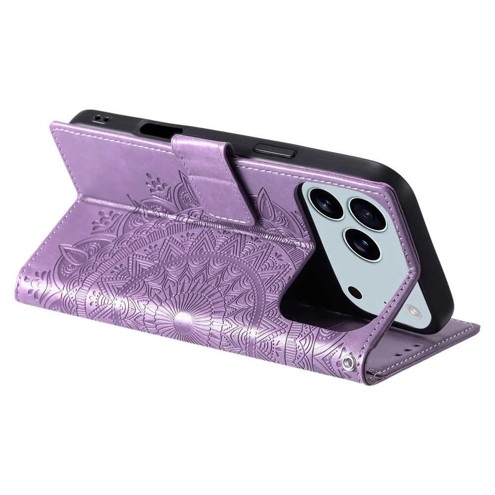 For iPhone 17 Pro Max Stand Case Imprinted Totem PU Leather Wallet Phone Cover with Wrist Strap - Purple - Image 4