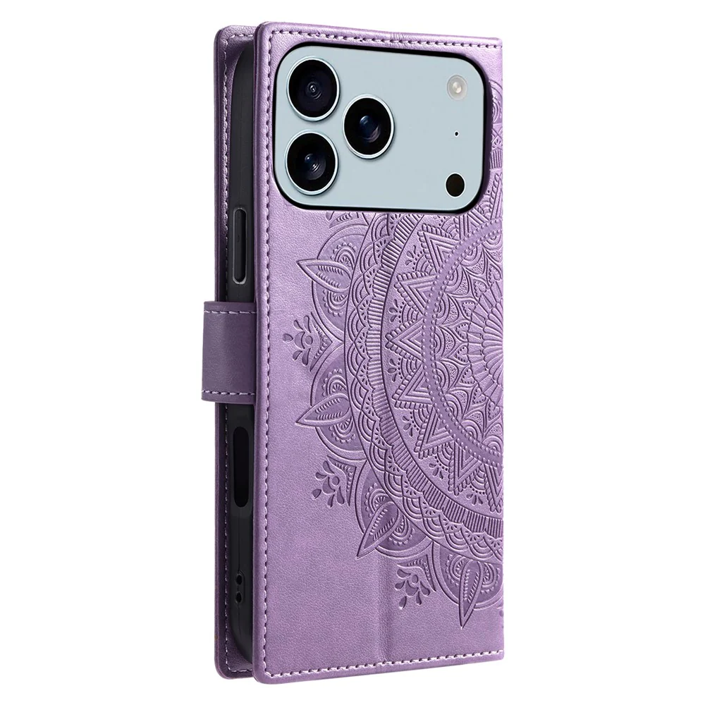 For iPhone 17 Pro Max Stand Case Imprinted Totem PU Leather Wallet Phone Cover with Wrist Strap - Purple - Image 6