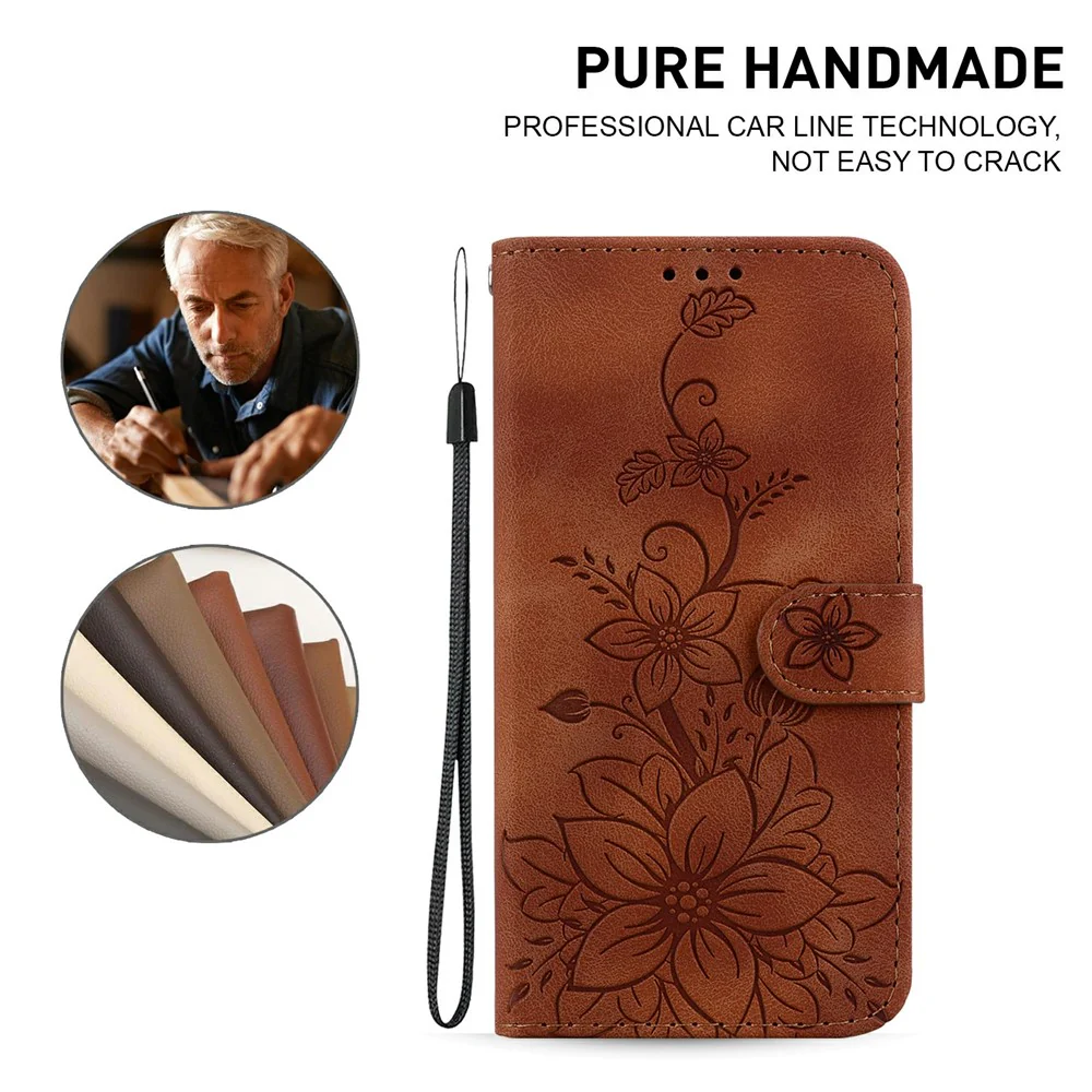 For iPhone 17 Pro Max Stand Case Lily Flower Imprint Leather Phone Cover with Wrist Strap - Brown - Image 5