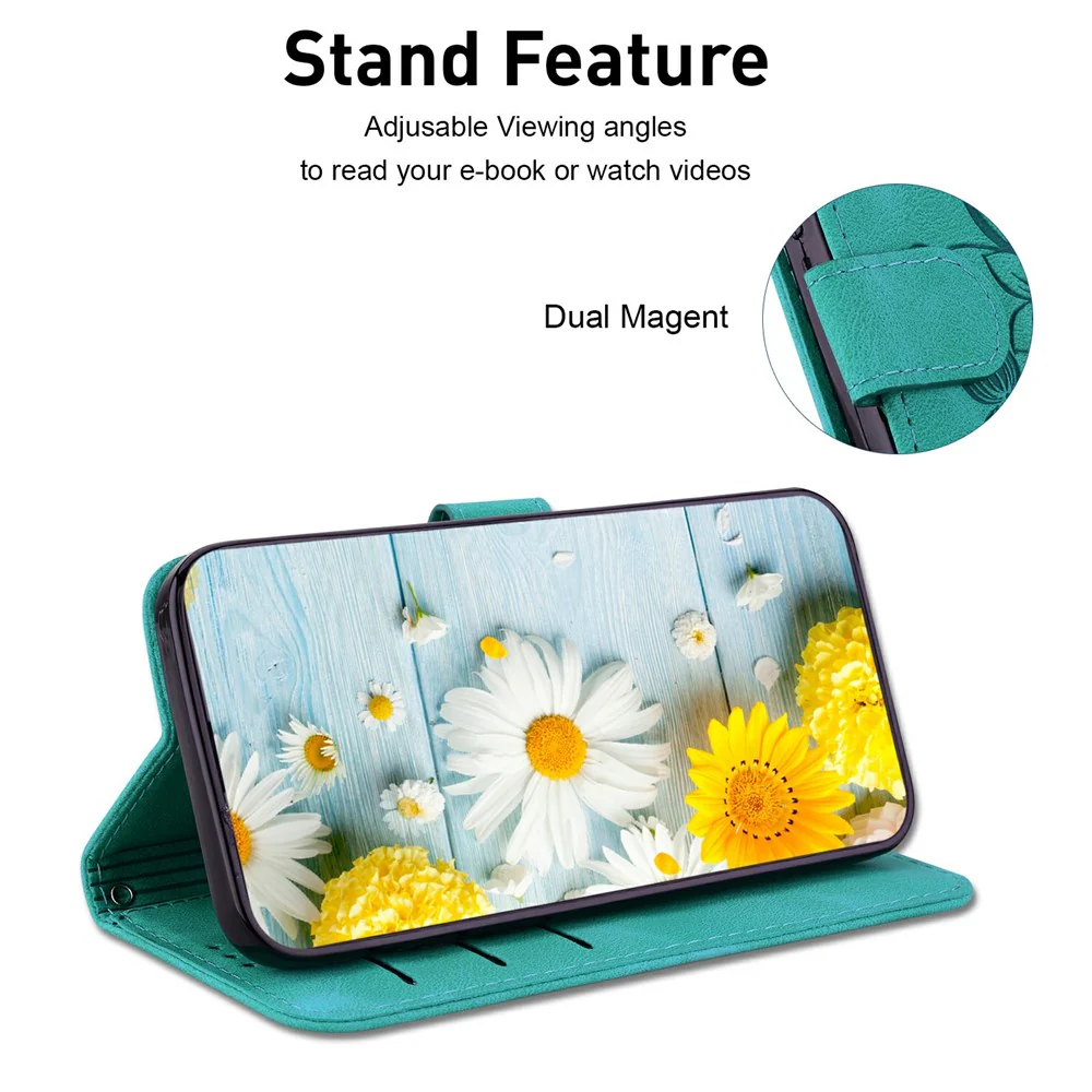 For iPhone 17 Pro Max Stand Case Lily Flower Imprint Leather Phone Cover with Wrist Strap - Green - Image 2