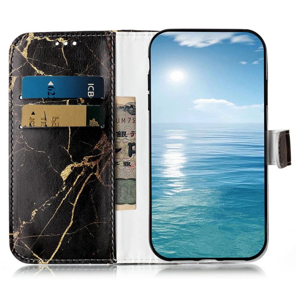 For iPhone 17 Pro Max Stand Case Marble Painted Folio Flip Leather Wallet Phone Cover - Black Gold Marble - Image 2