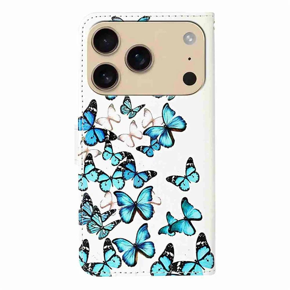 For iPhone 17 Pro Max Stand Case Marble Painted Folio Flip Leather Wallet Phone Cover - Blue Butterfly - Image 6