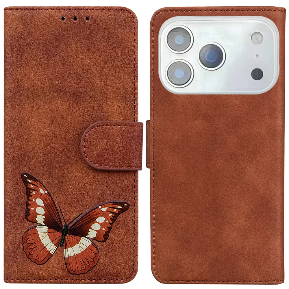 For iPhone 17 Pro Max Stand Case PU Leather Phone Cover Butterfly Printed - Brown