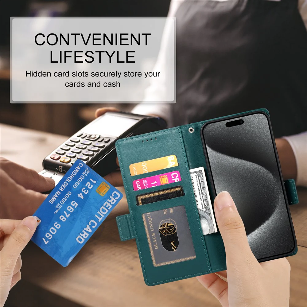 For iPhone 17 Pro Max Stand Case PU Leather Wallet Phone Cover - Blackish Green - Image 5