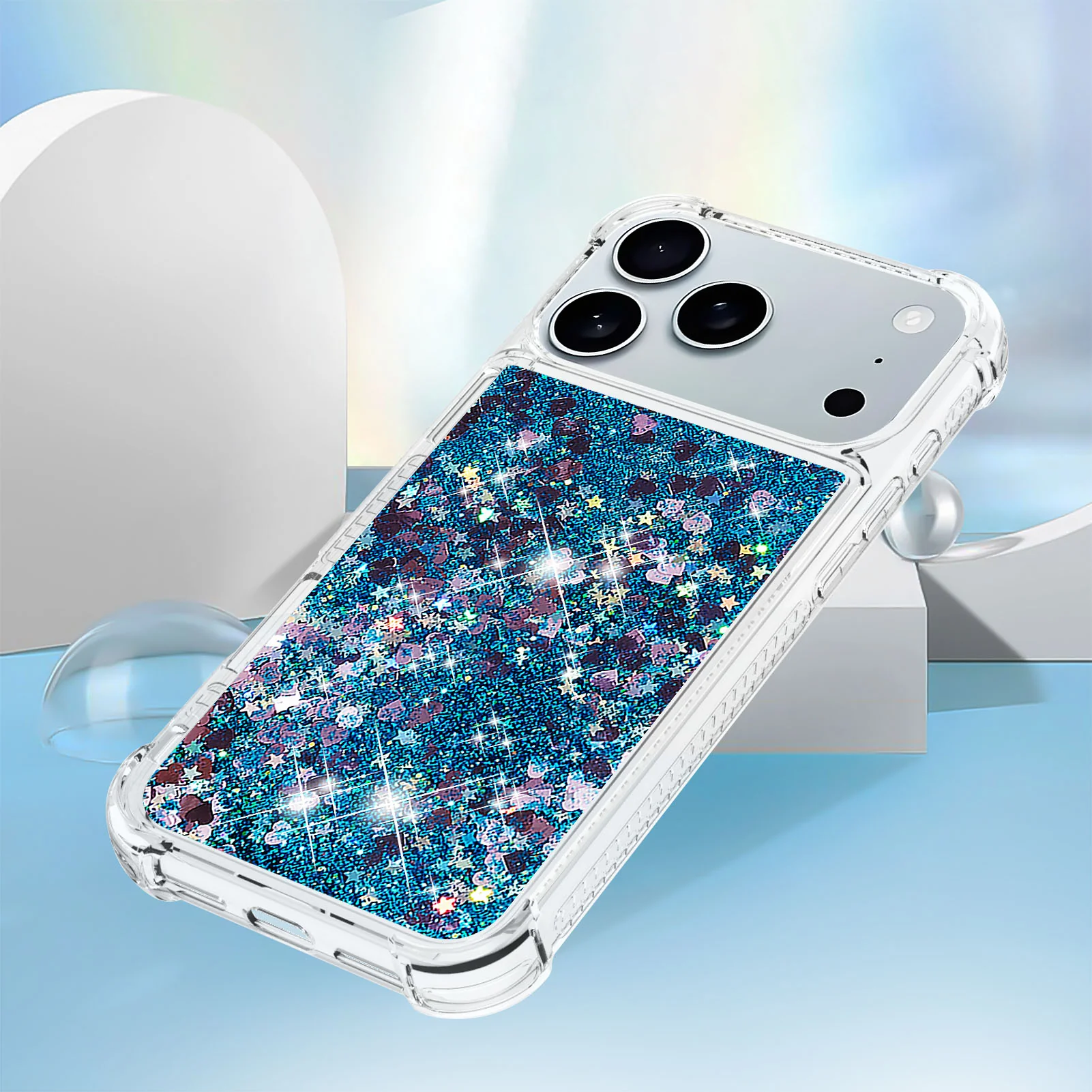 For iPhone 17 Pro Max TPU Case Glitter Quicksand Shockproof Phone Back Cover - Blue / Hearts - Image 5