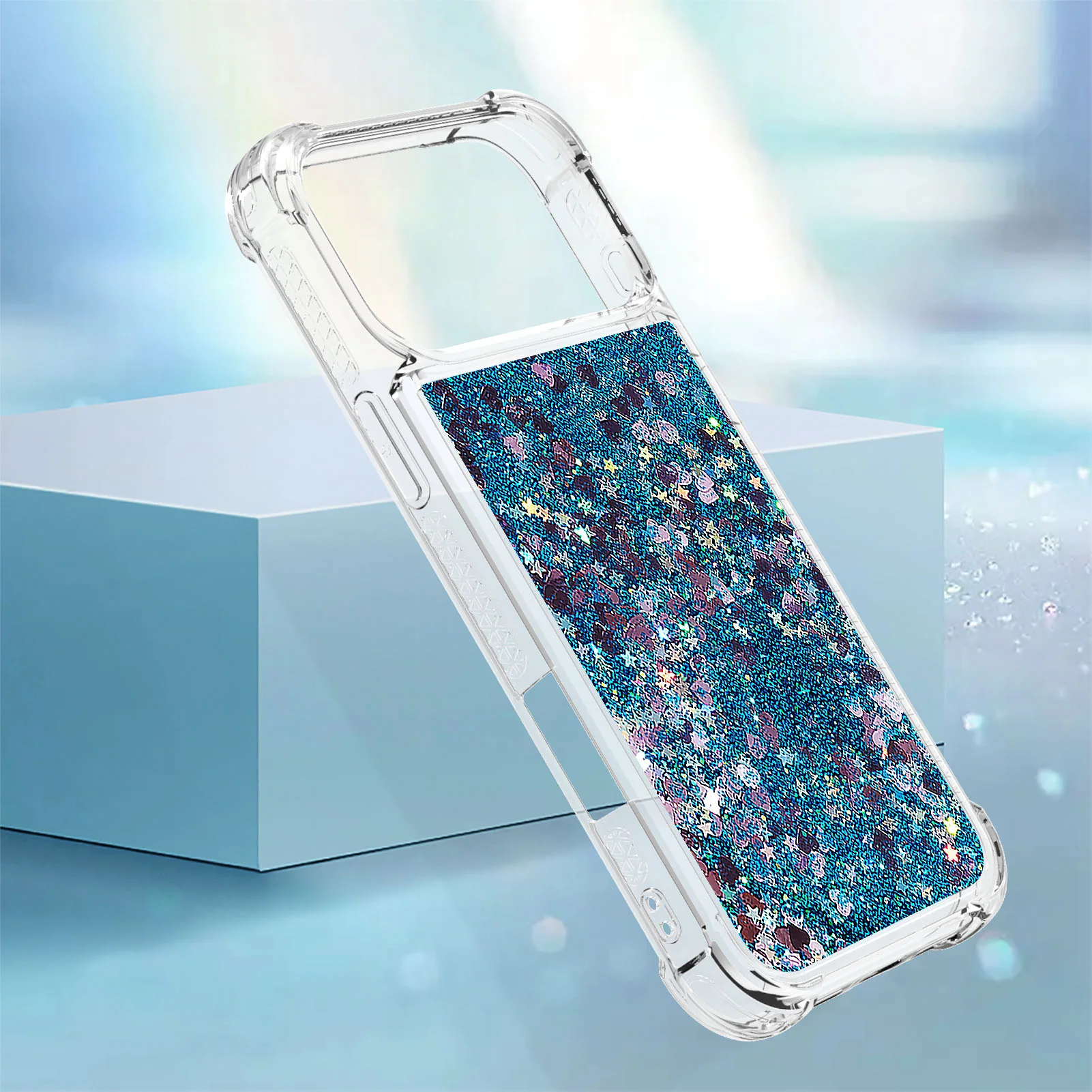 For iPhone 17 Pro Max TPU Case Glitter Quicksand Shockproof Phone Back Cover - Blue / Hearts - Image 6