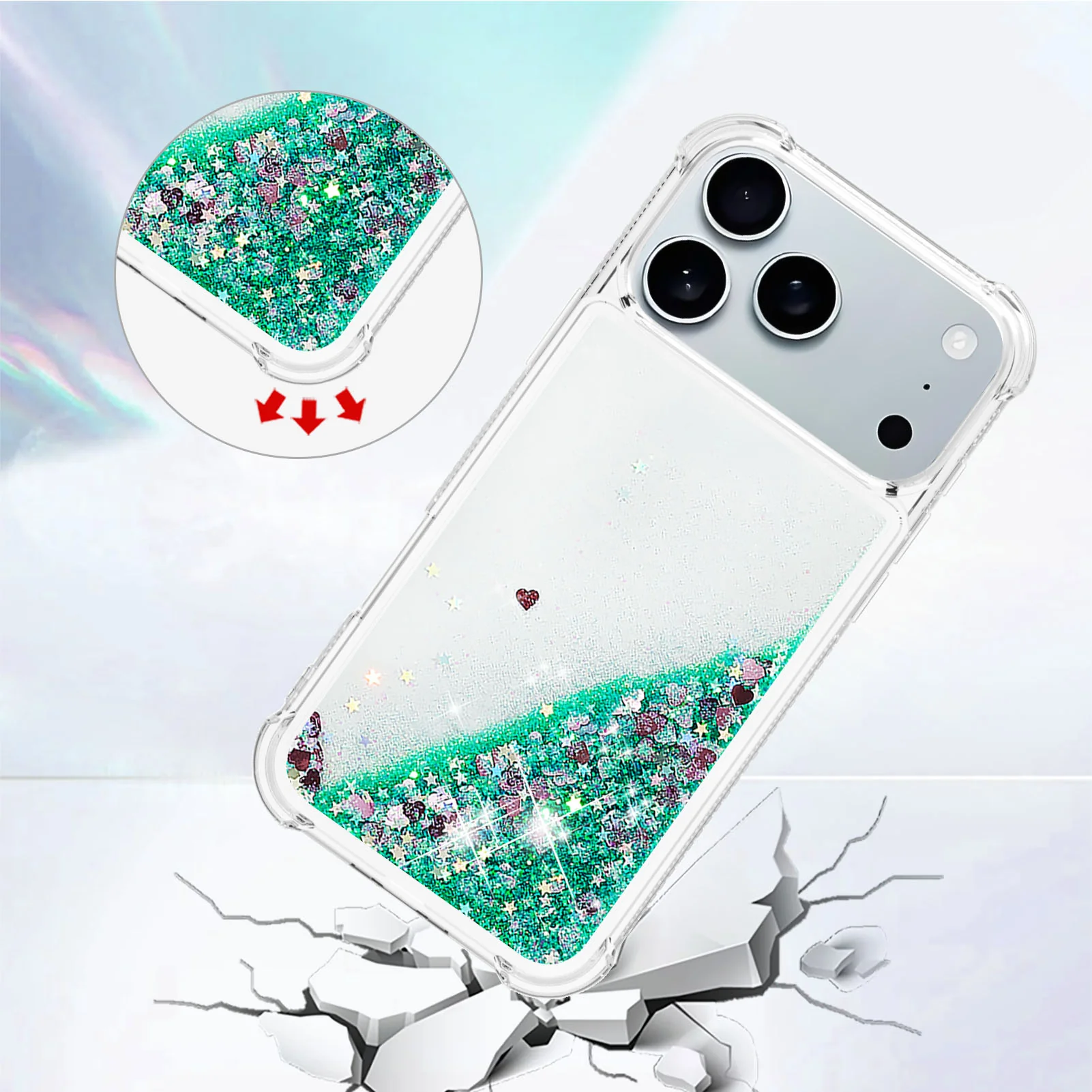 For iPhone 17 Pro Max TPU Case Glitter Quicksand Shockproof Phone Back Cover - Green / Hearts - Image 4