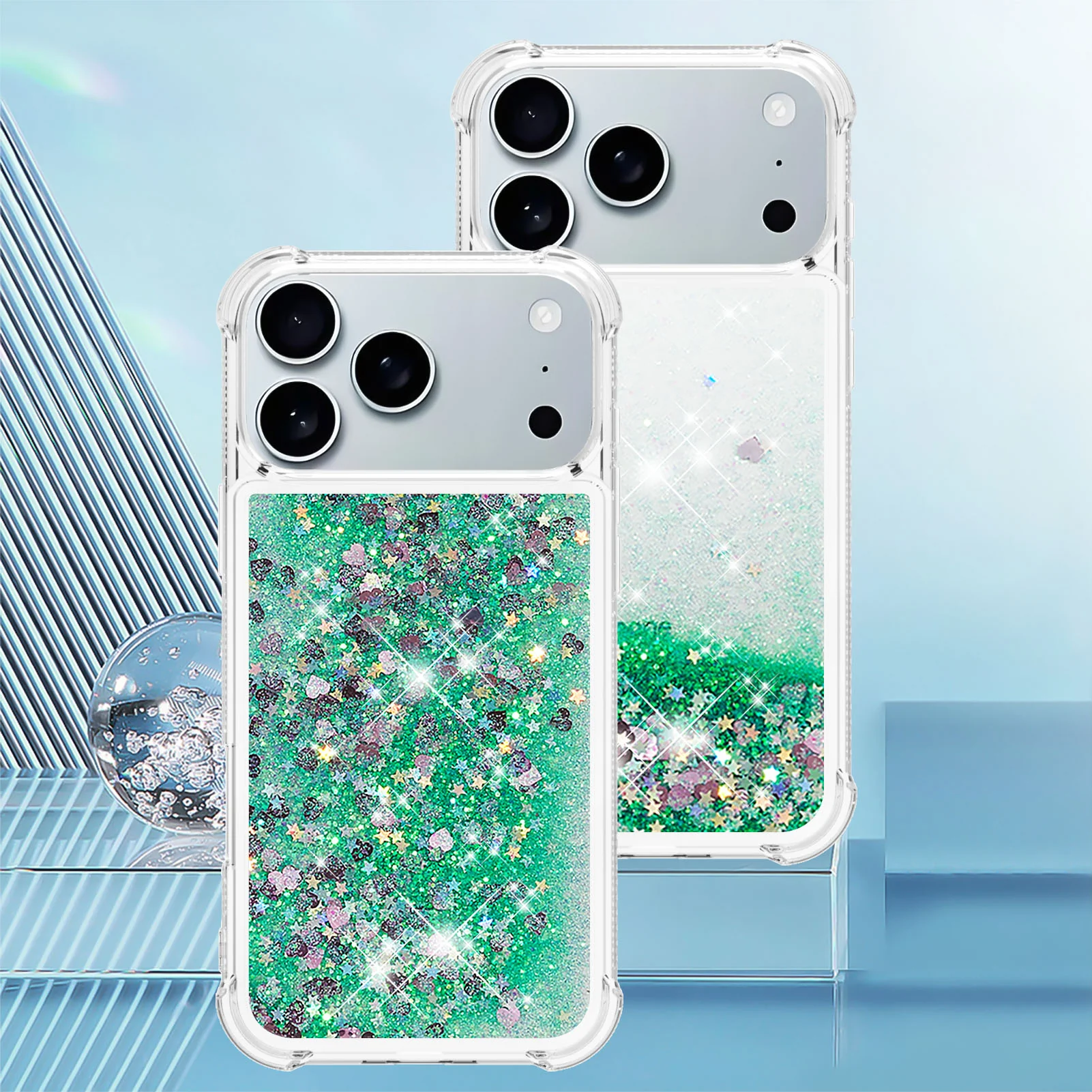 For iPhone 17 Pro Max TPU Case Glitter Quicksand Shockproof Phone Back Cover - Green / Hearts - Image 7