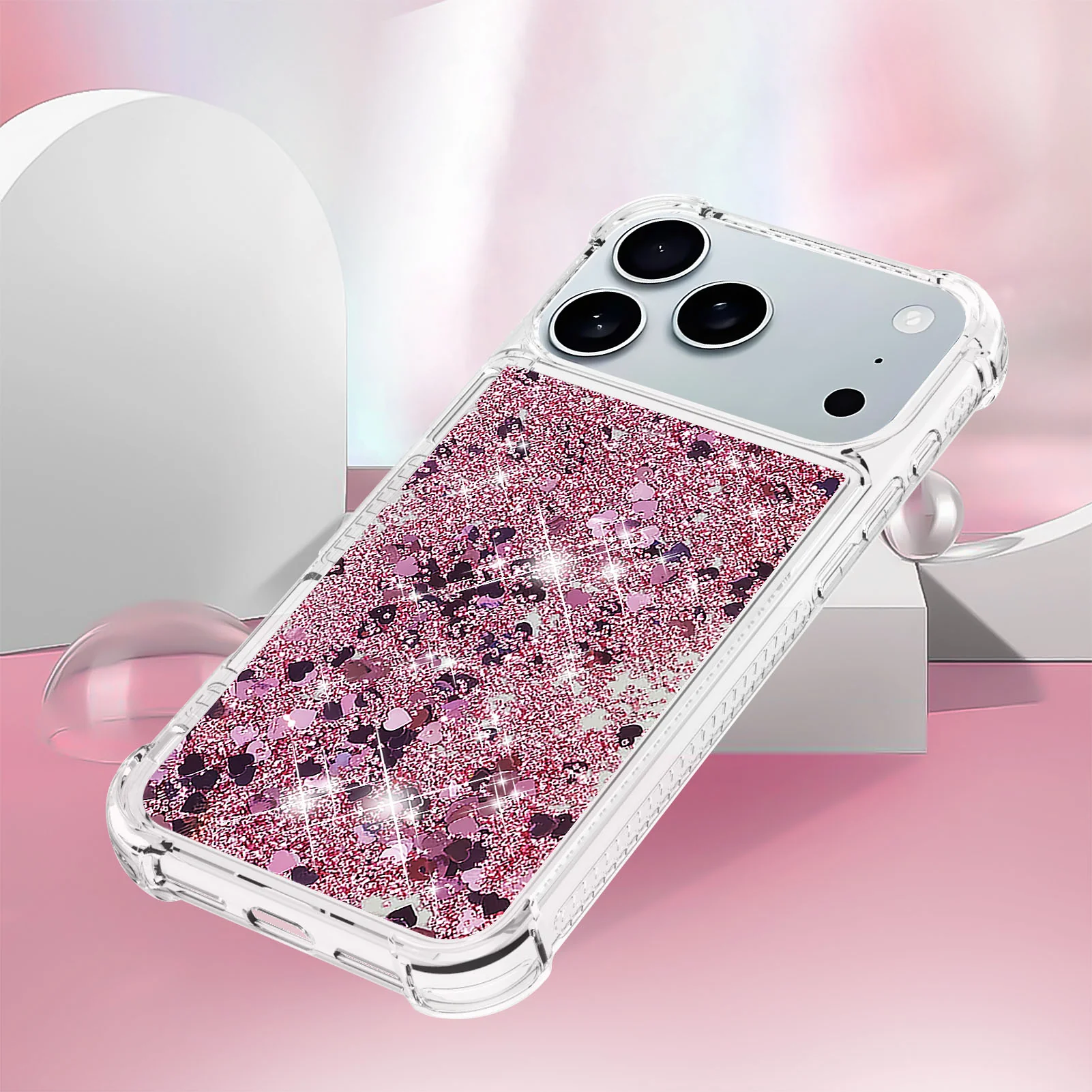 For iPhone 17 Pro Max TPU Case Glitter Quicksand Shockproof Phone Back Cover - Rose Gold / Hearts - Image 5