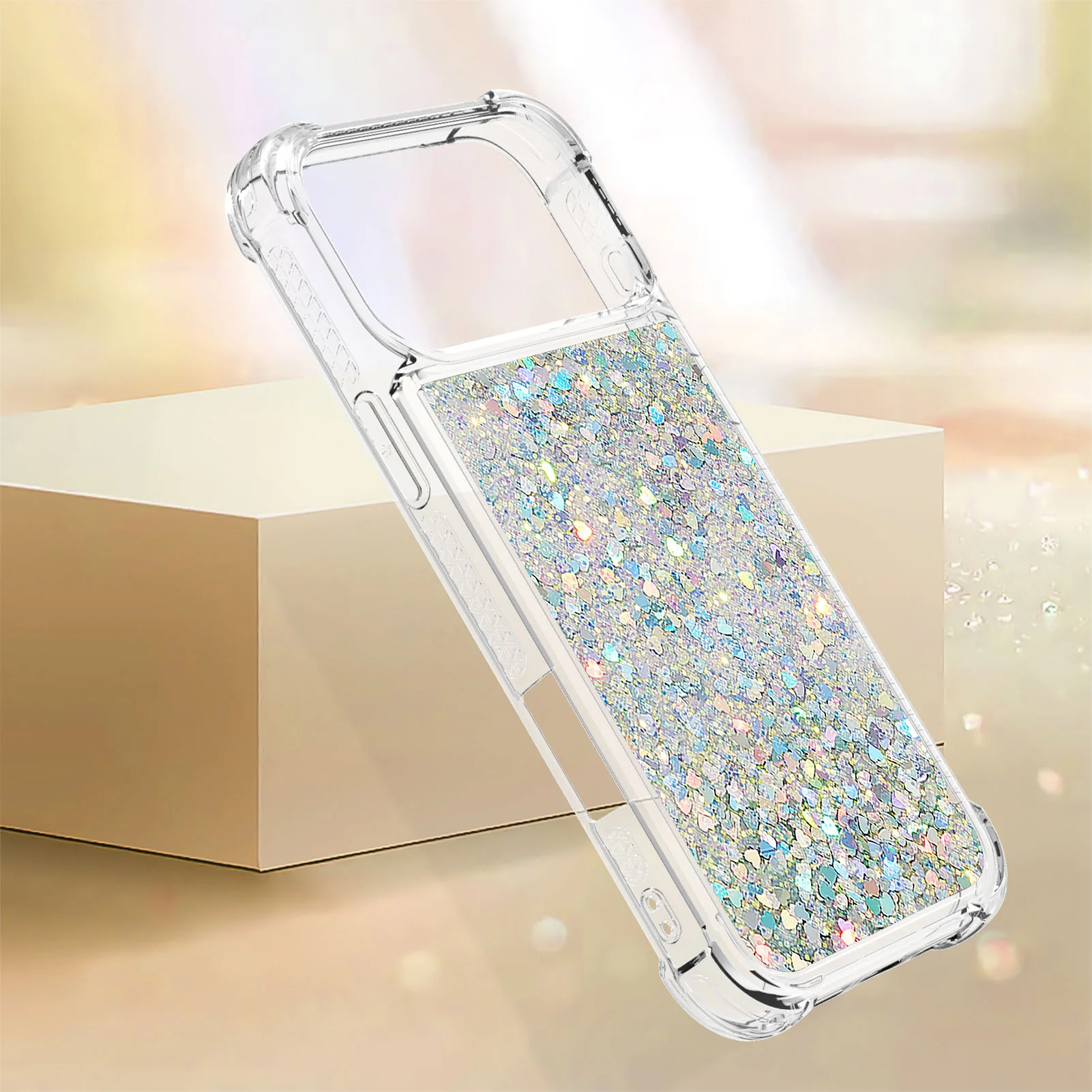 For iPhone 17 Pro Max TPU Case Glitter Quicksand Shockproof Phone Back Cover - Silver / Hearts - Image 6
