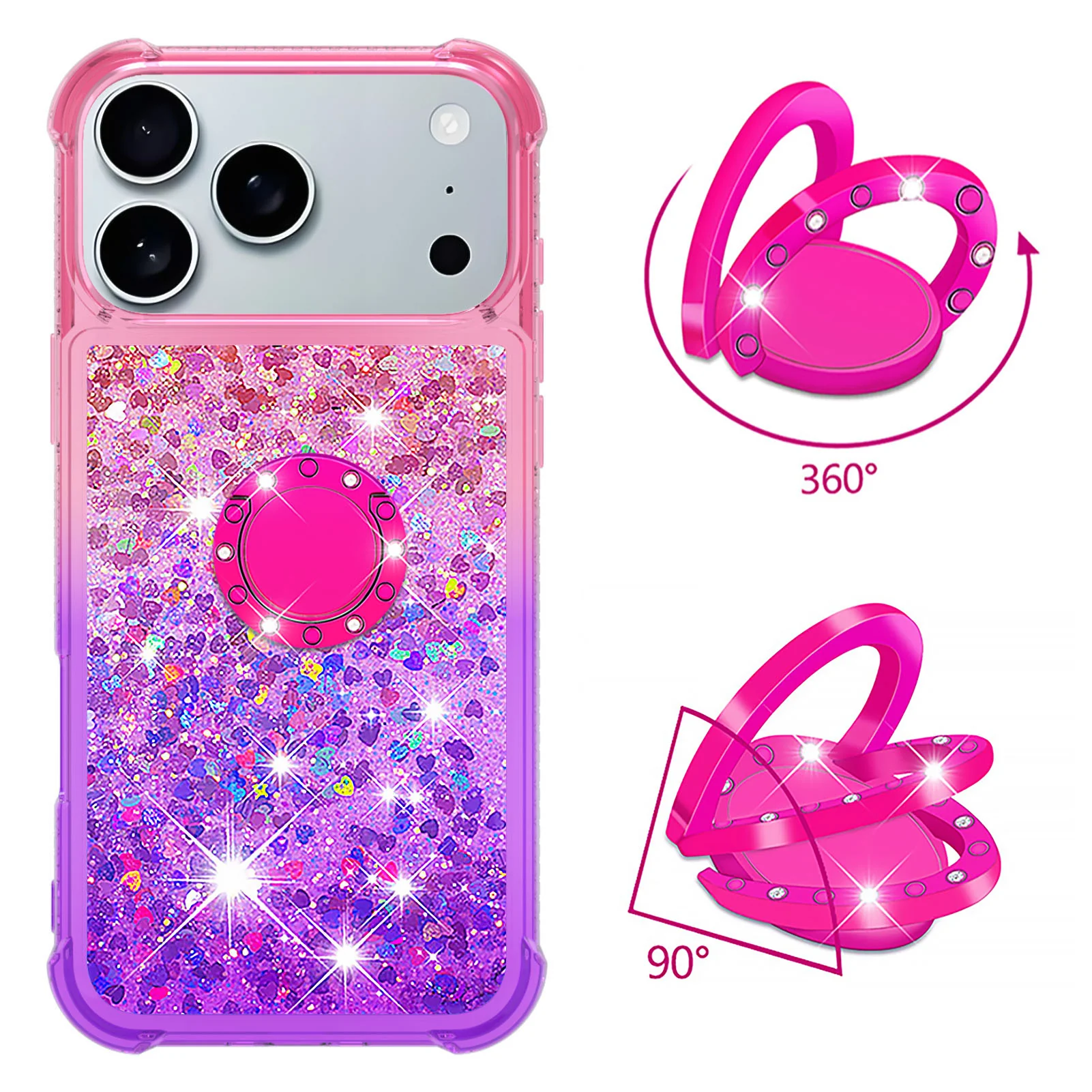 For iPhone 17 Pro Max TPU Case with Kickstand Gradiant Quicksand Shockproof Cover - Pink+Purple - Image 2