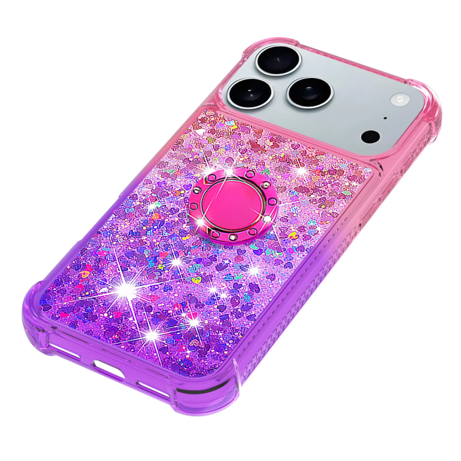 For iPhone 17 Pro Max TPU Case with Kickstand Gradiant Quicksand Shockproof Cover - Pink+Purple - Image 6