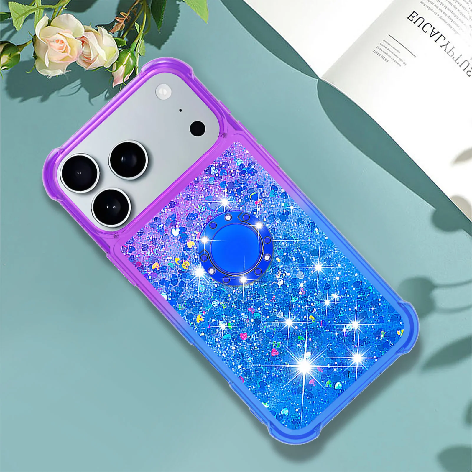 For iPhone 17 Pro Max TPU Case with Kickstand Gradiant Quicksand Shockproof Cover - Purple+Sky Blue - Image 7