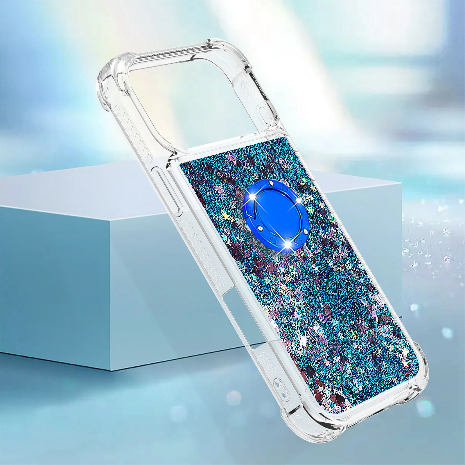 For iPhone 17 Pro Max TPU Case with Kickstand Quicksand Shockproof Cover - Blue / Hearts - Image 6