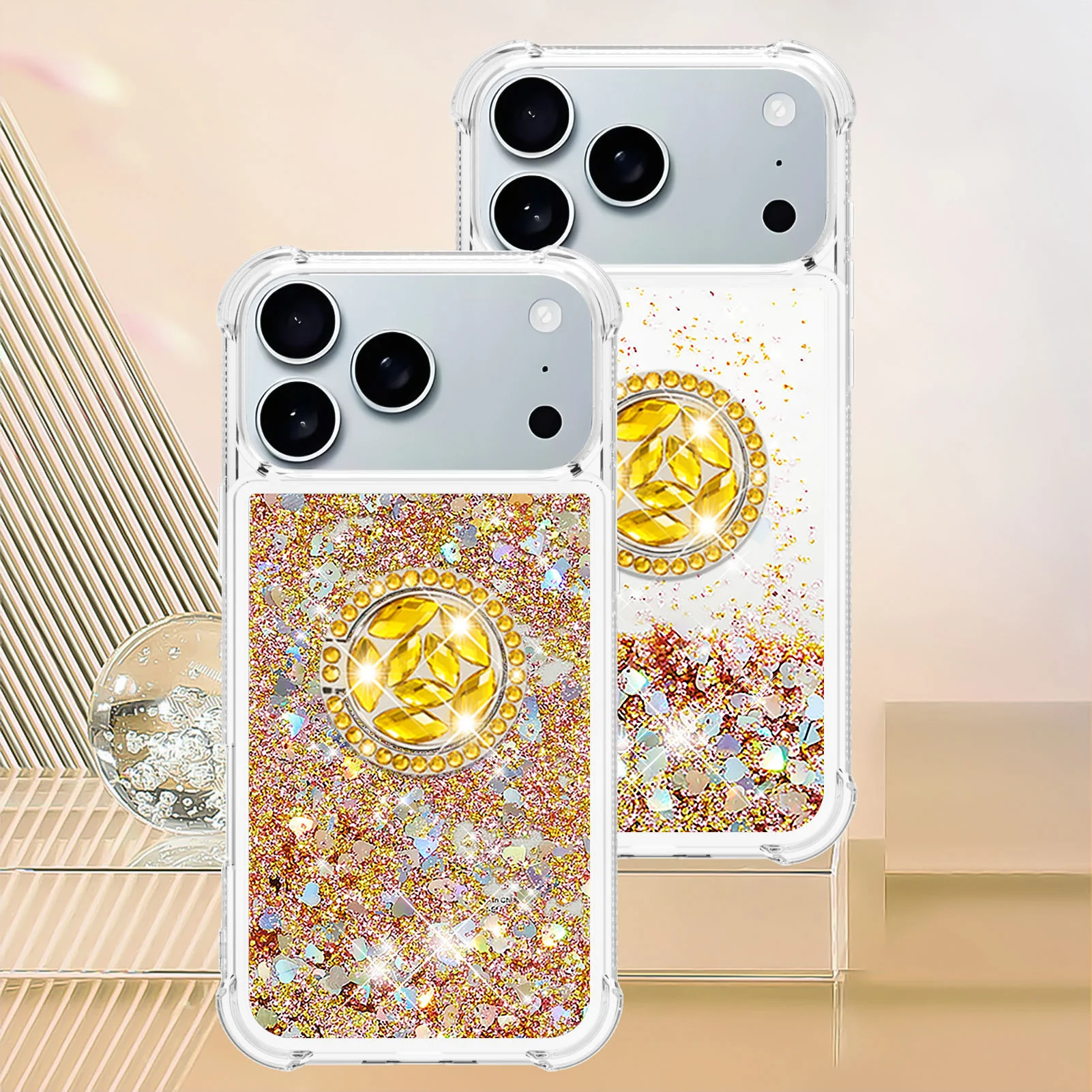 For iPhone 17 Pro Max TPU Case with Kickstand Quicksand Shockproof Cover - Gold / Hearts - Image 7