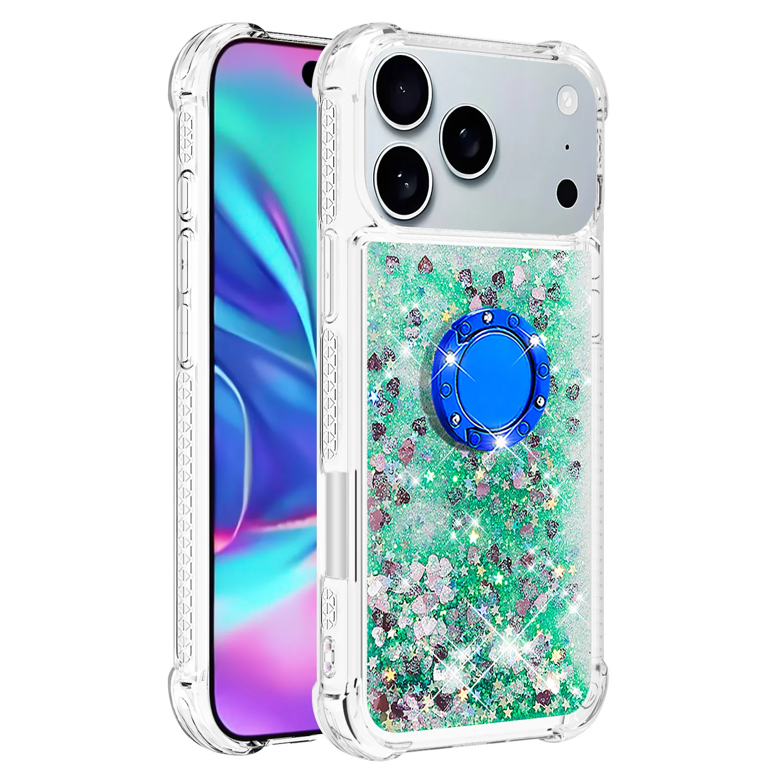 For iPhone 17 Pro Max TPU Case with Kickstand Quicksand Shockproof Cover - Green / Hearts - Image 3