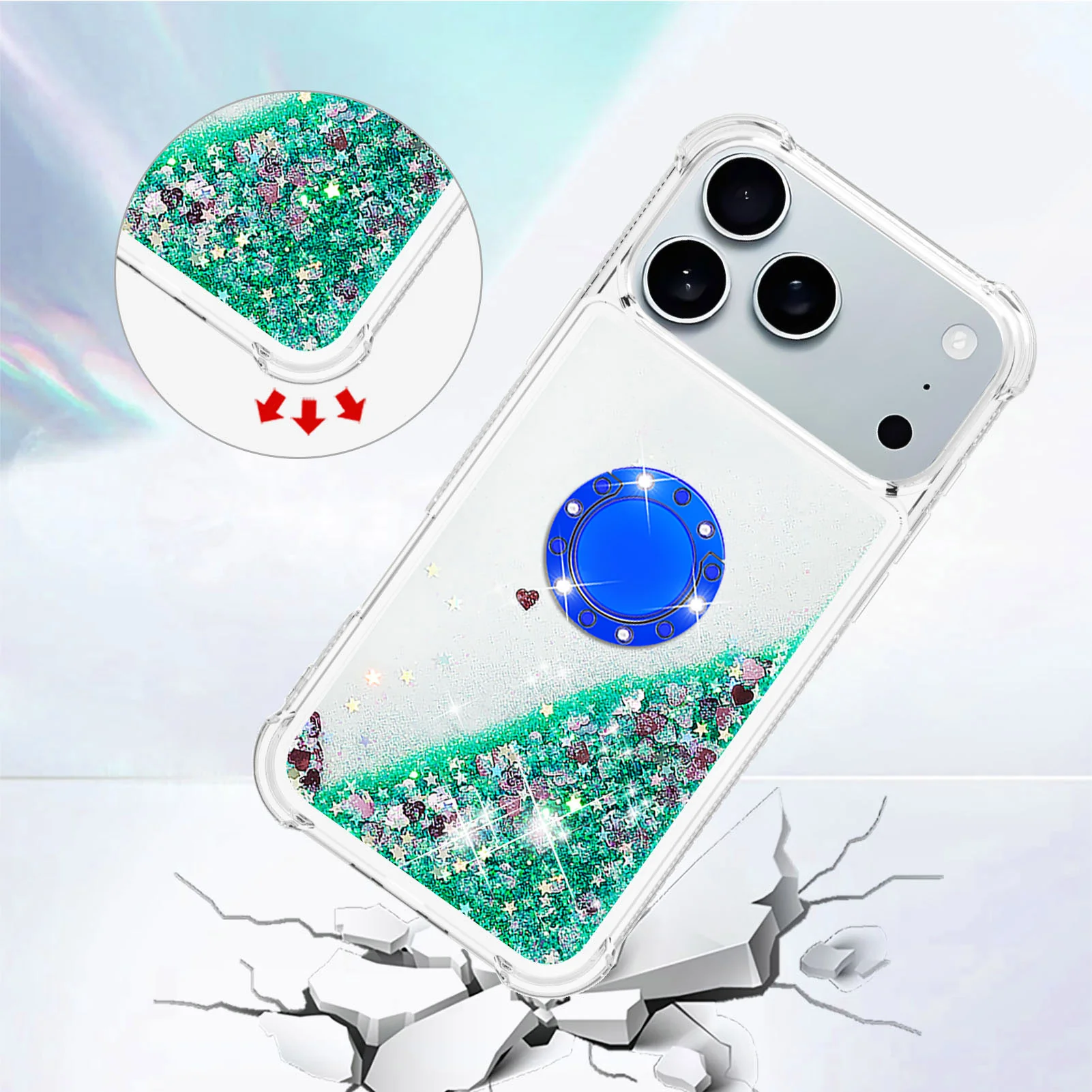 For iPhone 17 Pro Max TPU Case with Kickstand Quicksand Shockproof Cover - Green / Hearts - Image 4