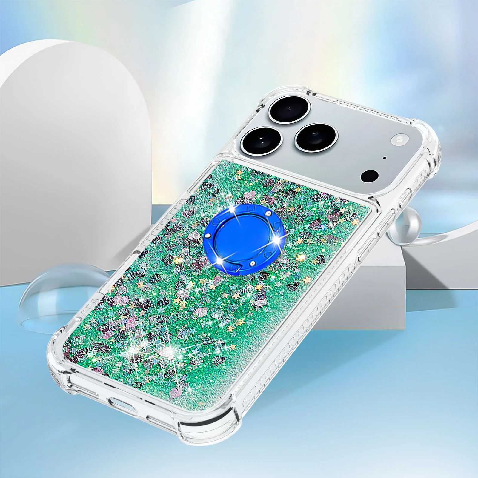 For iPhone 17 Pro Max TPU Case with Kickstand Quicksand Shockproof Cover - Green / Hearts - Image 5