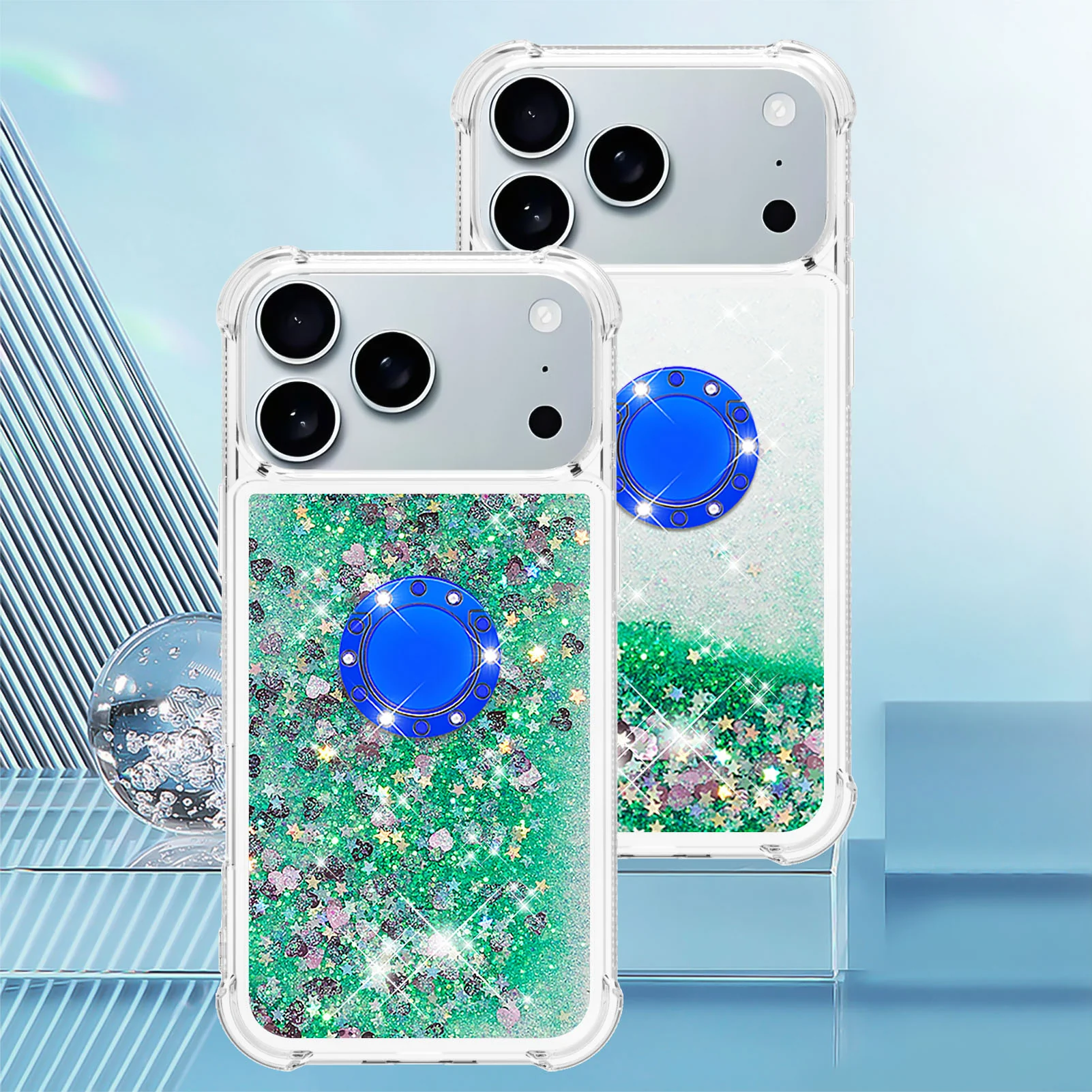 For iPhone 17 Pro Max TPU Case with Kickstand Quicksand Shockproof Cover - Green / Hearts - Image 7