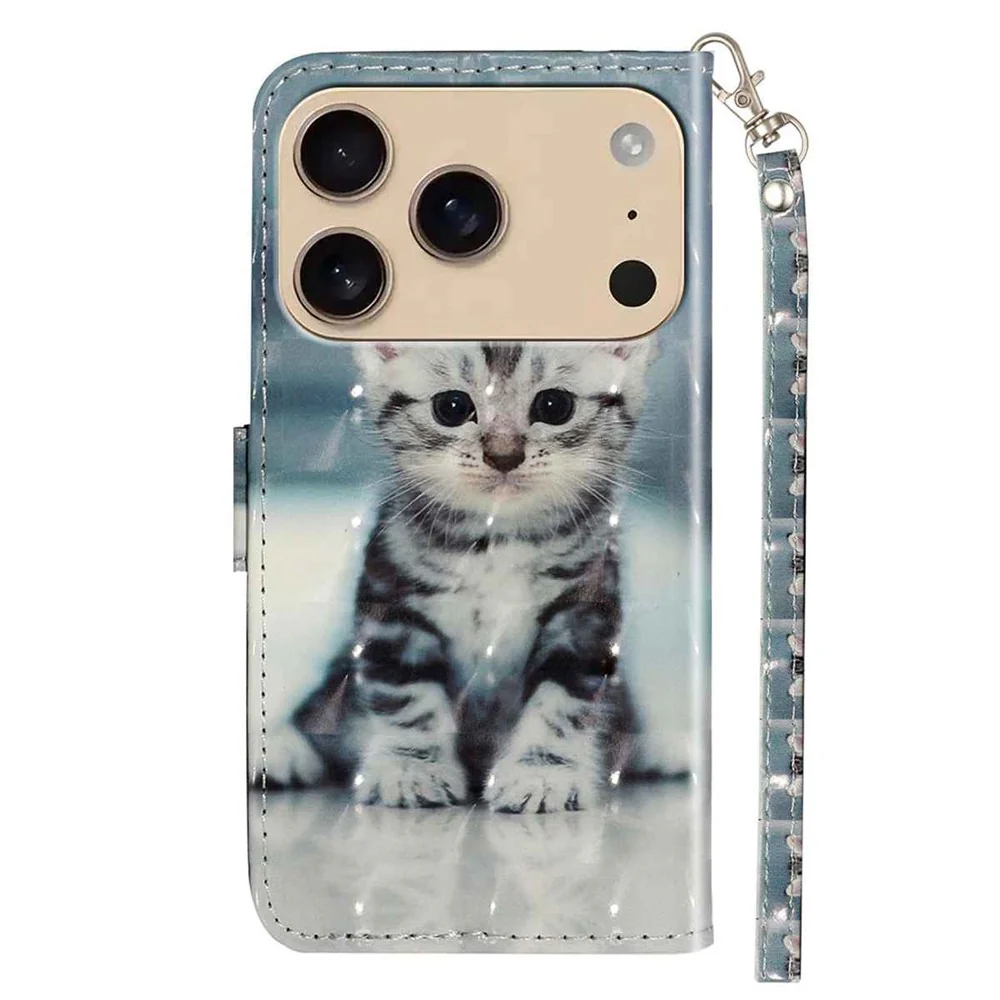 For iPhone 17 Pro Max Wallet Case 3D Pattern Printed Leather Phone Cover with Strap - Cat - Image 6