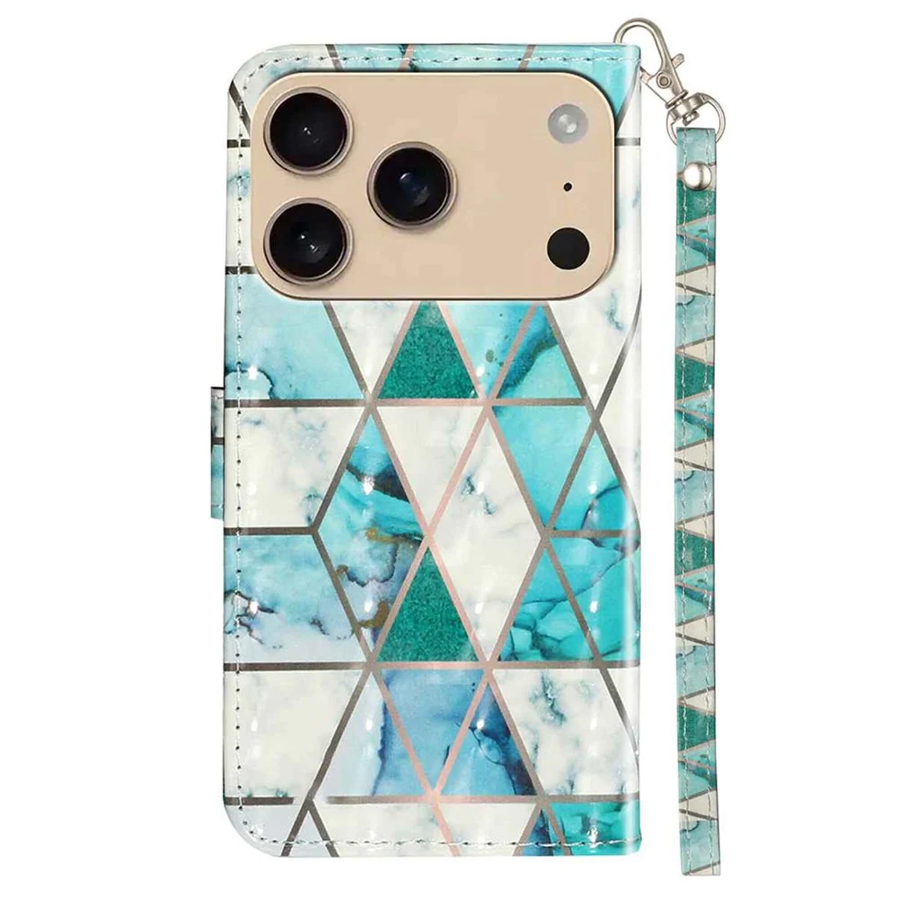 For iPhone 17 Pro Max Wallet Case 3D Pattern Printed Leather Phone Cover with Strap - Green Marble - Image 6