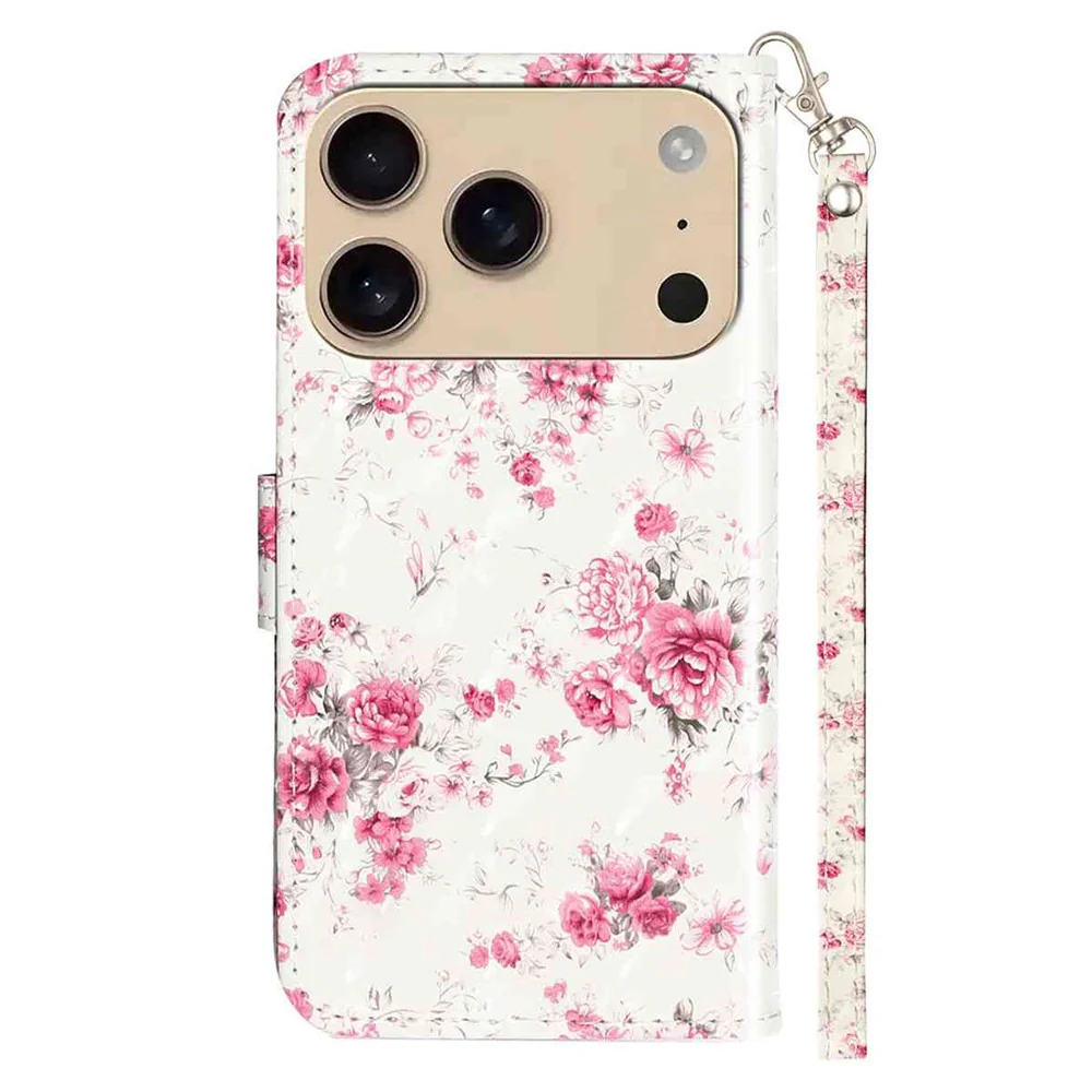 For iPhone 17 Pro Max Wallet Case 3D Pattern Printed Leather Phone Cover with Strap - Roses - Image 6