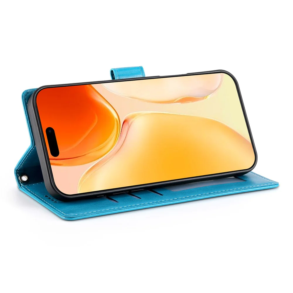 For iPhone 17 Pro Max Wallet Case Butterfly Floral Imprint PU Leather Phone Cover with Wrist Strap - Blue - Image 2