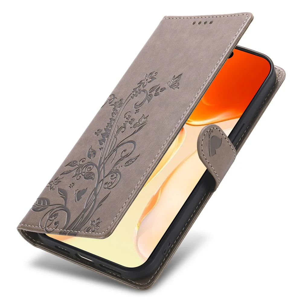 For iPhone 17 Pro Max Wallet Case Butterfly Floral Imprint PU Leather Phone Cover with Wrist Strap - Grey - Image 5