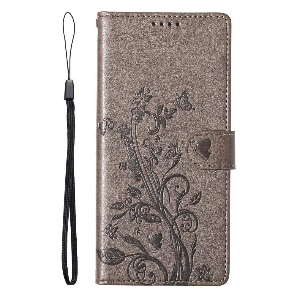 For iPhone 17 Pro Max Wallet Case Butterfly Floral Imprint PU Leather Phone Cover with Wrist Strap - Grey - Image 6