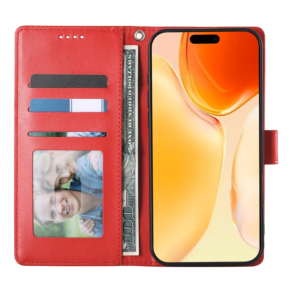 For iPhone 17 Pro Max Wallet Case Butterfly Floral Imprint PU Leather Phone Cover with Wrist Strap - Red - Image 4