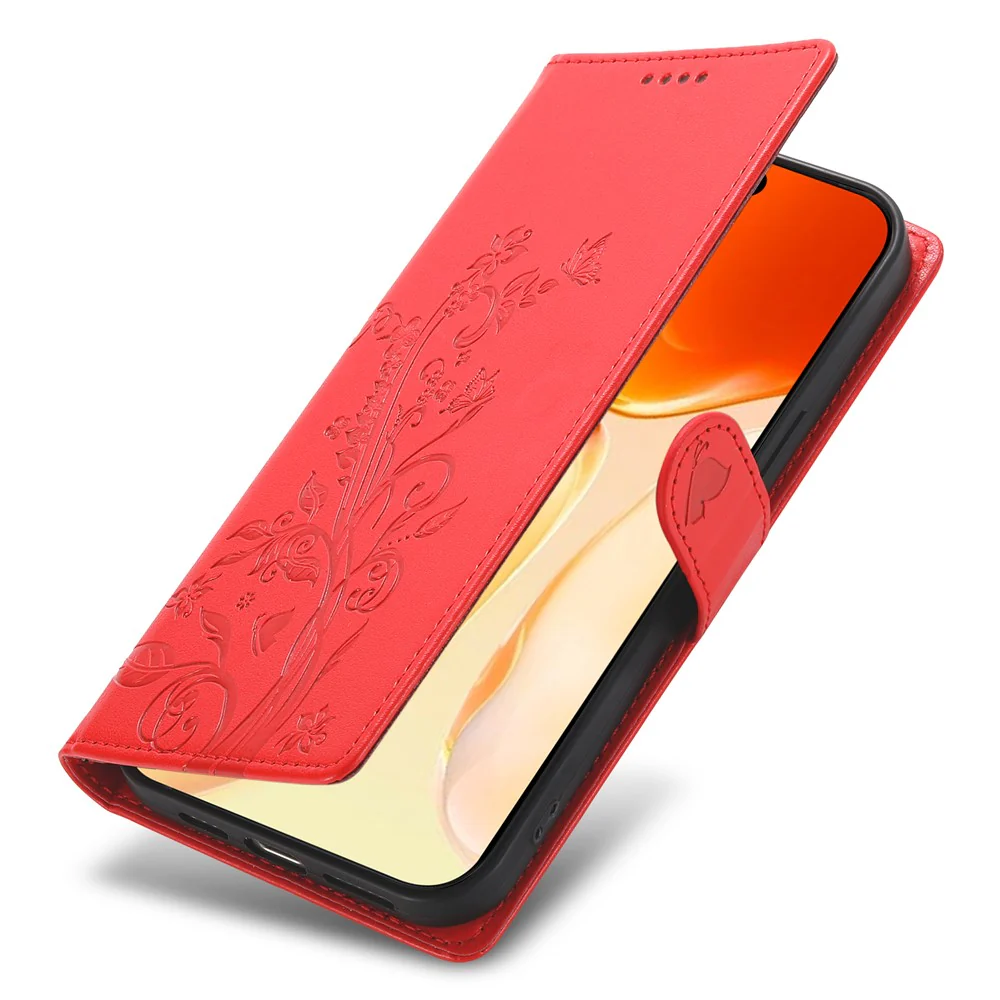 For iPhone 17 Pro Max Wallet Case Butterfly Floral Imprint PU Leather Phone Cover with Wrist Strap - Red - Image 5