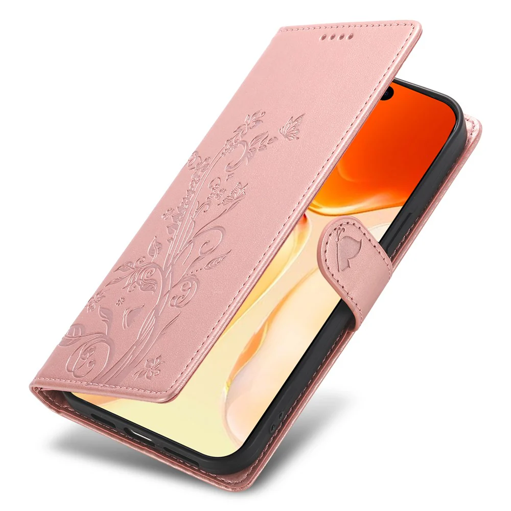 For iPhone 17 Pro Max Wallet Case Butterfly Floral Imprint PU Leather Phone Cover with Wrist Strap - Rose Gold - Image 5